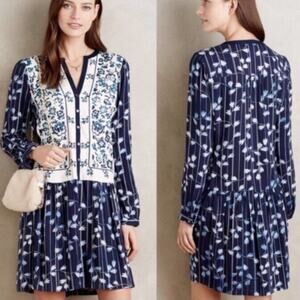 Tiny Anthropologie Semele Blue White Embroidered Shirtdress Dress Bohemian O12